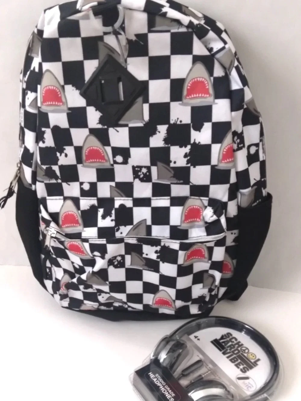 Schoolyard Vibes Shark Head & Checkered Full Size Backpack